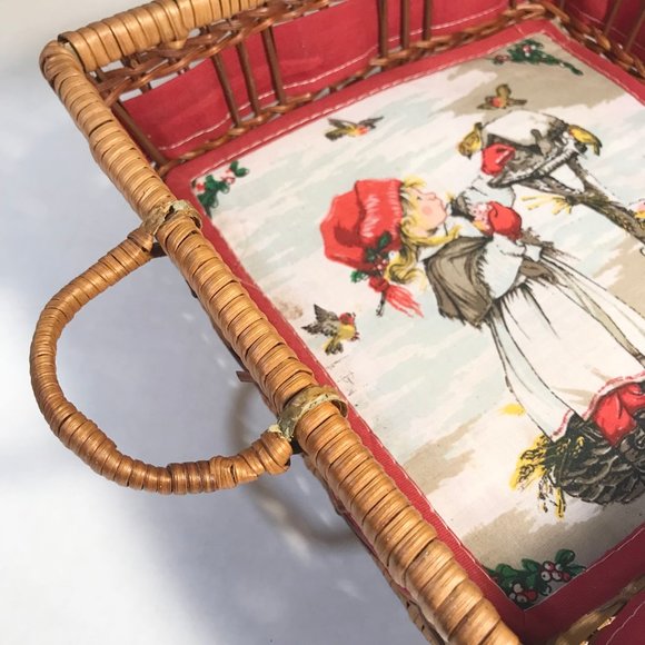 Vintage Christmas Birdhouse Napkin Bread Basket Red Ribbon Bow Holly Birds Nest - Picture 7 of 16